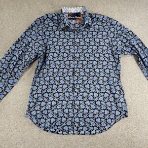 Robert Graham‎ Button Up Shirt Mens XL Black Blue Paisley Embroidered Flip Cuffs